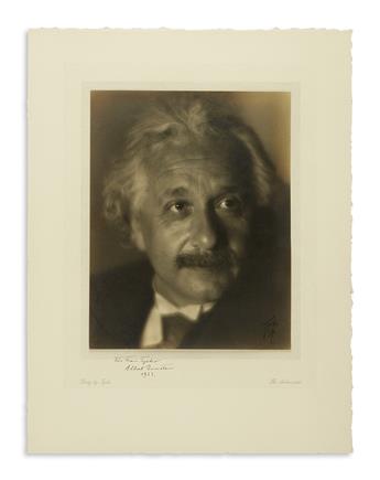 (SCIENTISTS.) EINSTEIN, ALBERT AND ELSA. Two Photographs Signed and Inscribed, one by Albert and the other by his wife, each a bust por